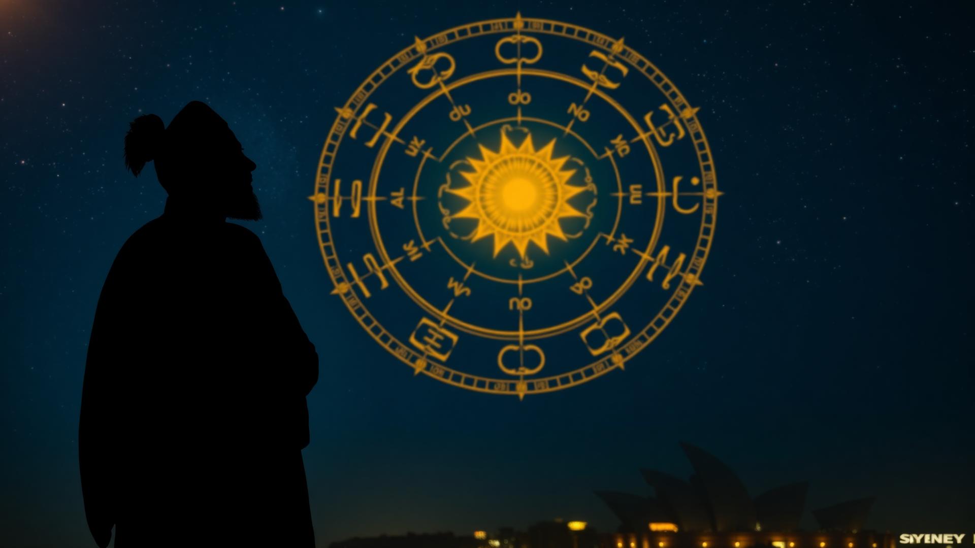 Vedic astrologer silhouette under a glowing golden zodiac wheel over Sydney harbour