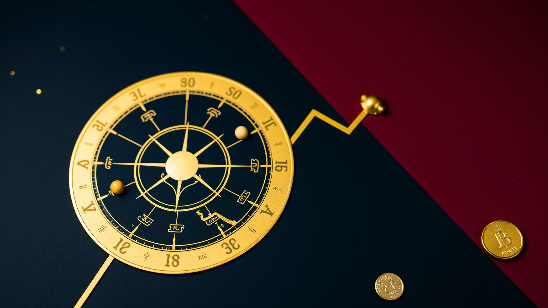 Golden zodiac wheel with rising graph representing career and business astrology