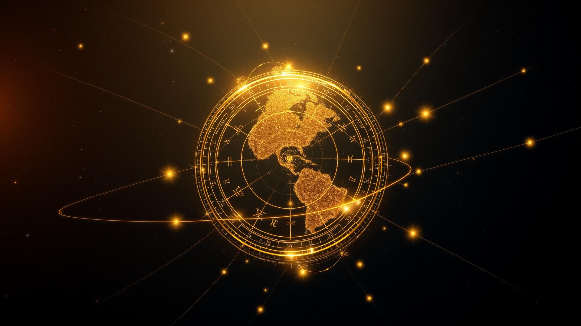 Glowing golden globe wrapped in a zodiac wheel for worldwide astrology consultation